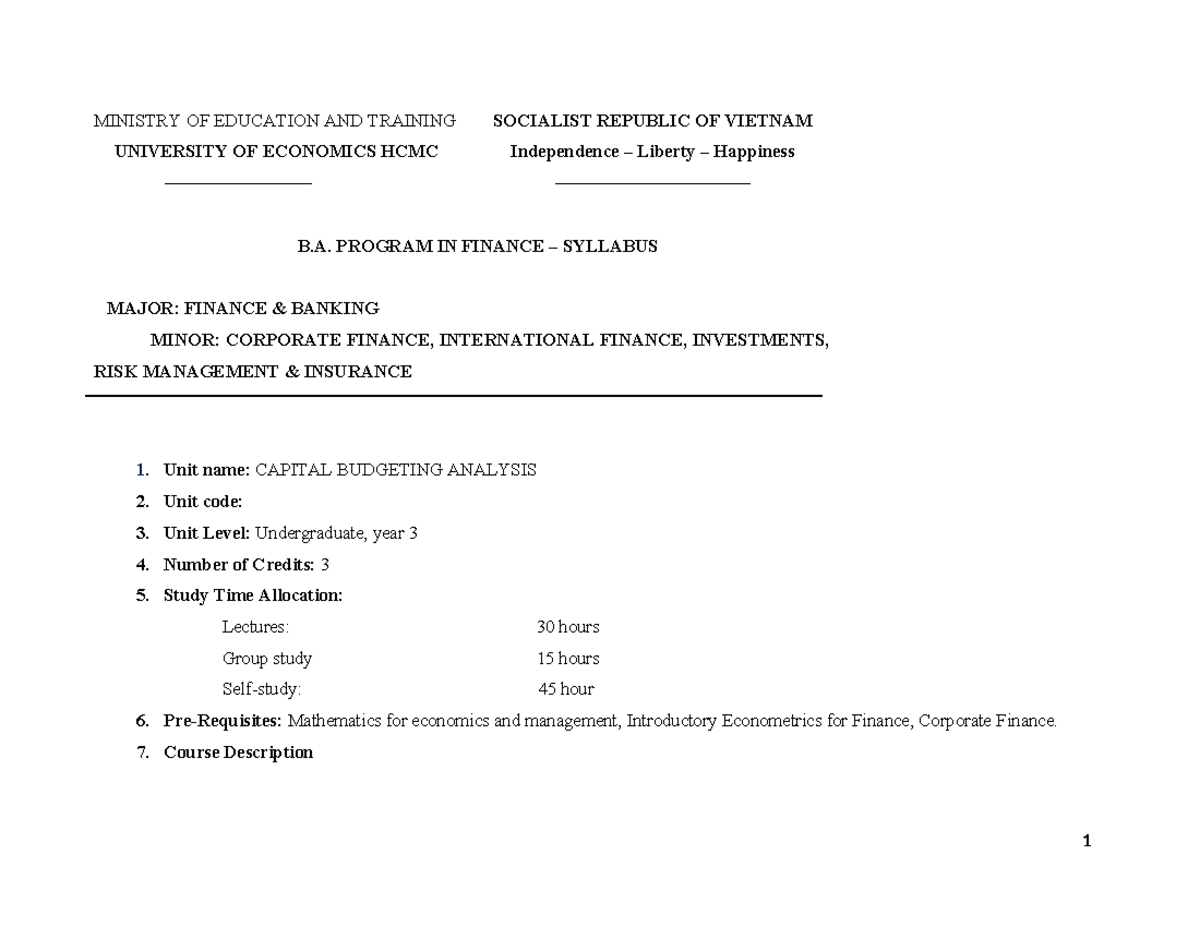 Capital Budgeting Analysis Syllabus - FIN 301 Undergraduate - Studocu