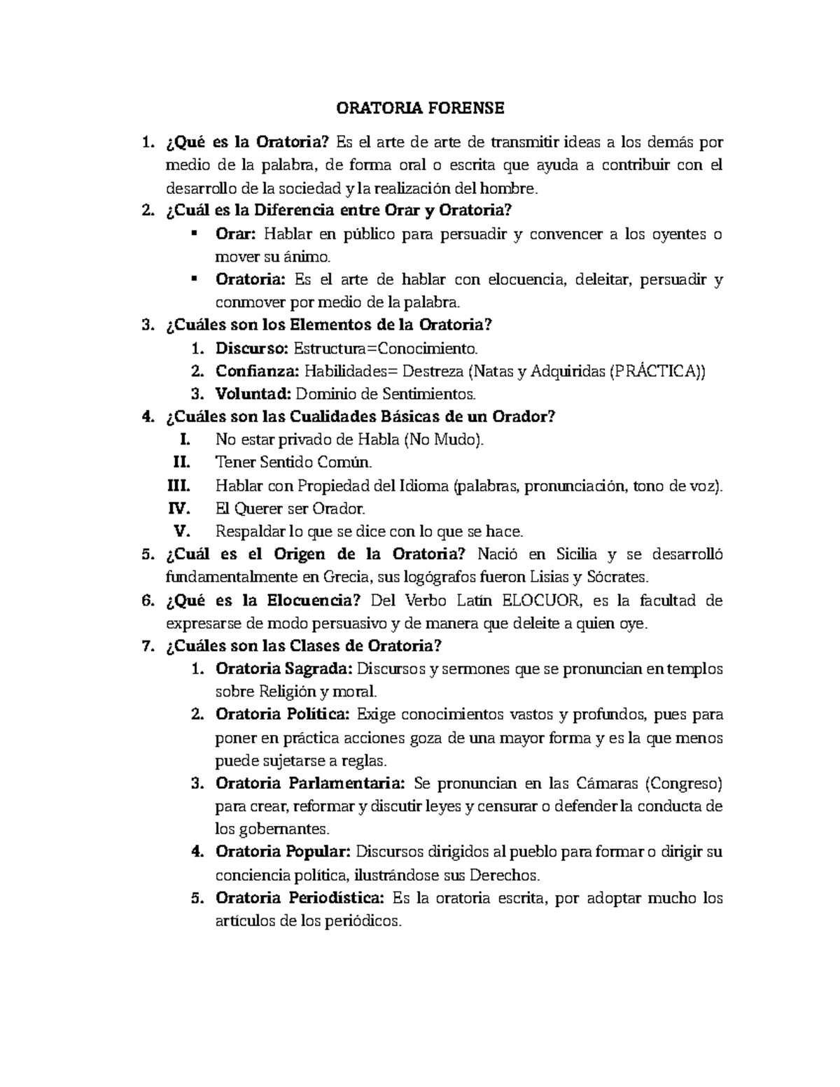 Cuestionario de Oratoria Forense - Importancia y Características - Studocu