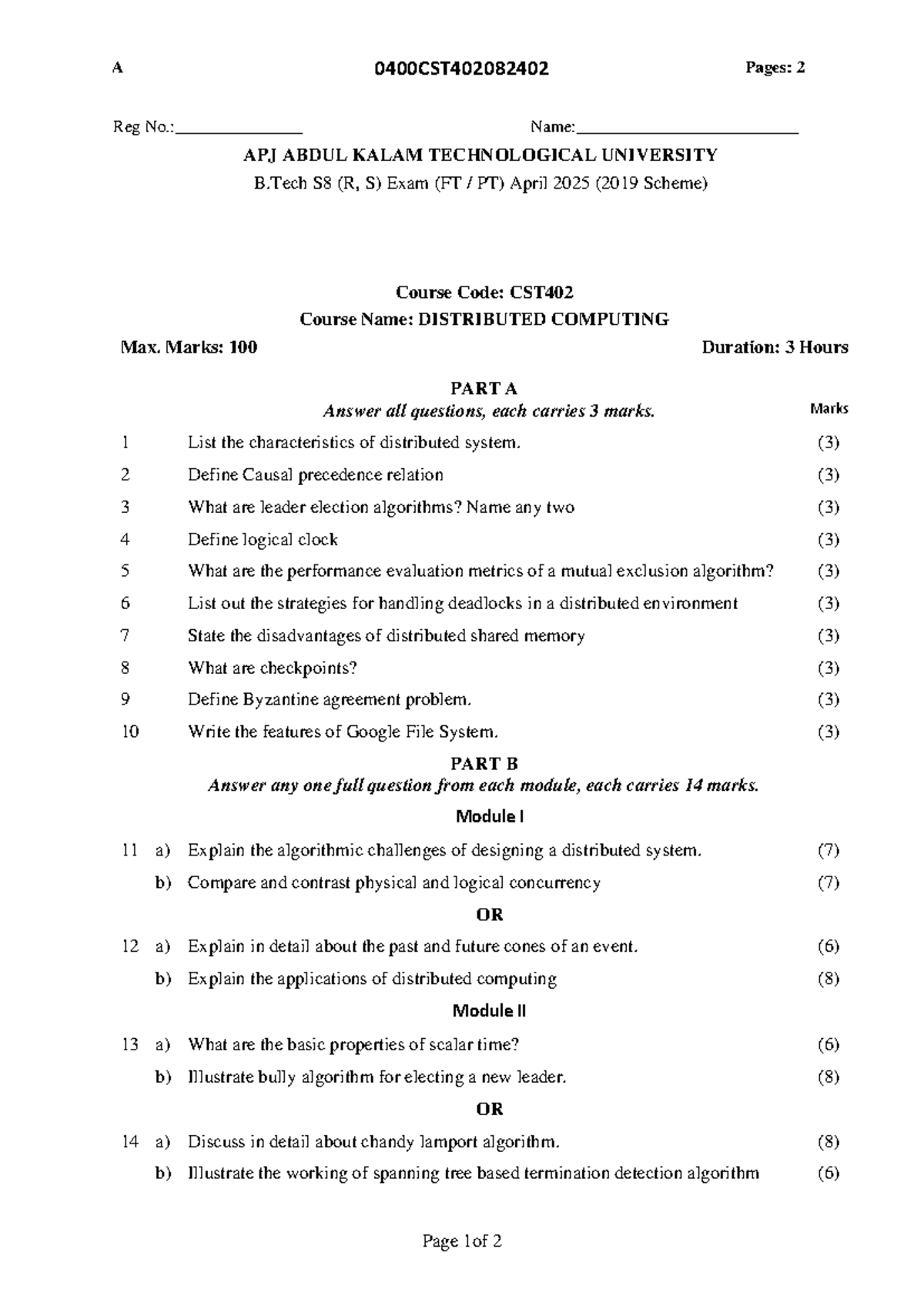 CST402-F April 2025 B.Tech S8 Distributed Computing Exam Paper - Studocu