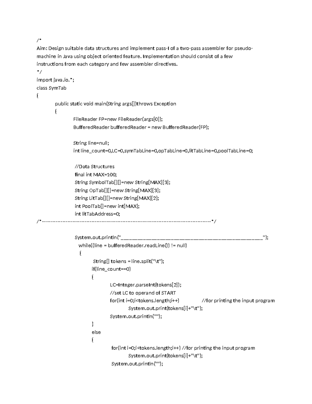 Pass1-ass - pass 1 assembler - /* Aim: Design suitable data structures ...