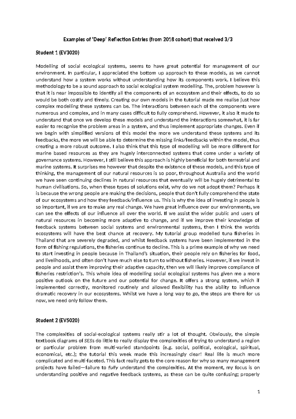 Deep Reflection Examples on Social Ecological Systems (EV3020) - Studocu