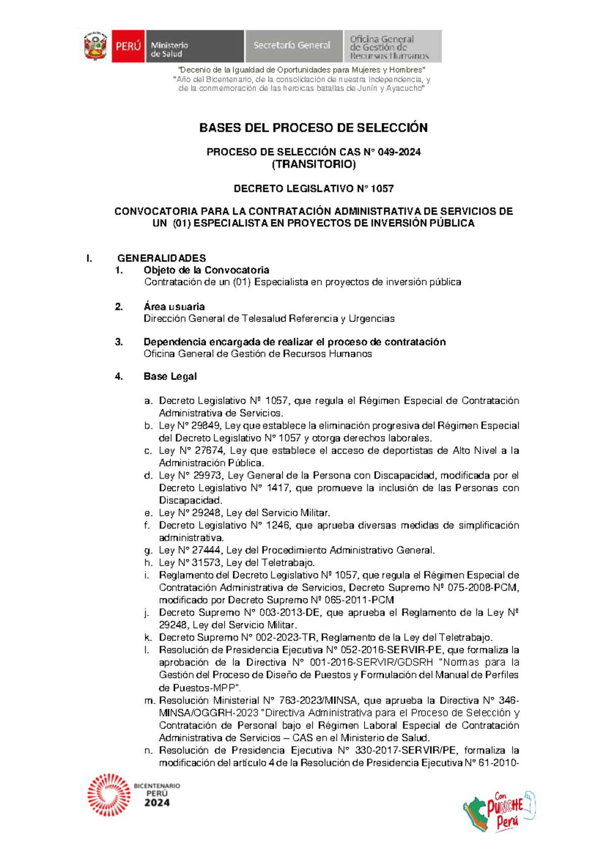 Bases del Proceso de Selección CAS para Especialista en Proyectos de ...