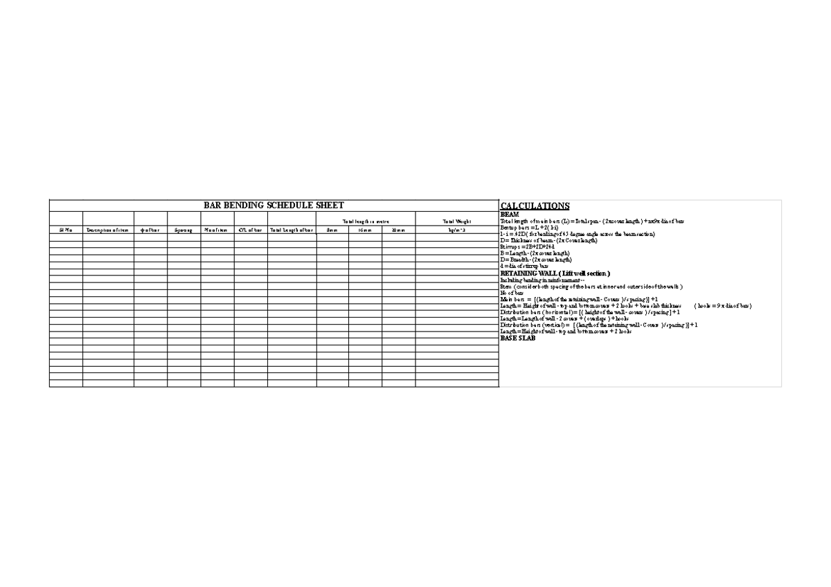 Bar Bending Schedule (BBS) Calculations for Beam & Retaining Wall - Studocu