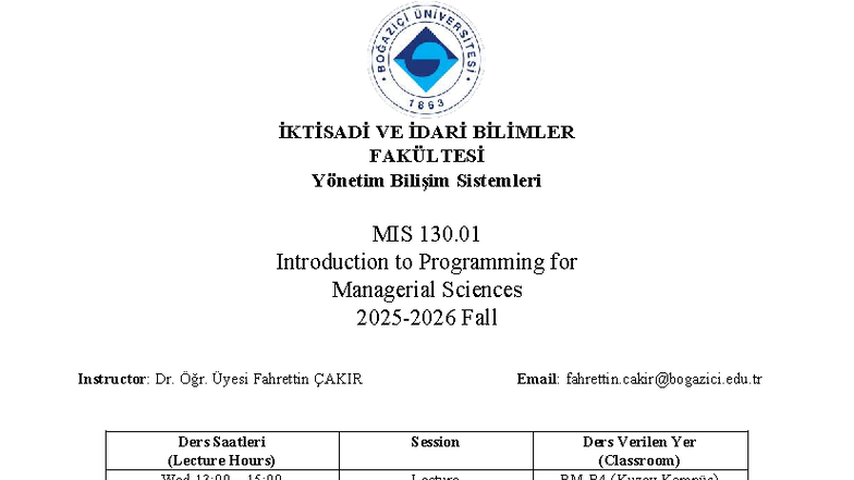 MIS 130.01 - Introduction to Programming for Managerial Sciences ...