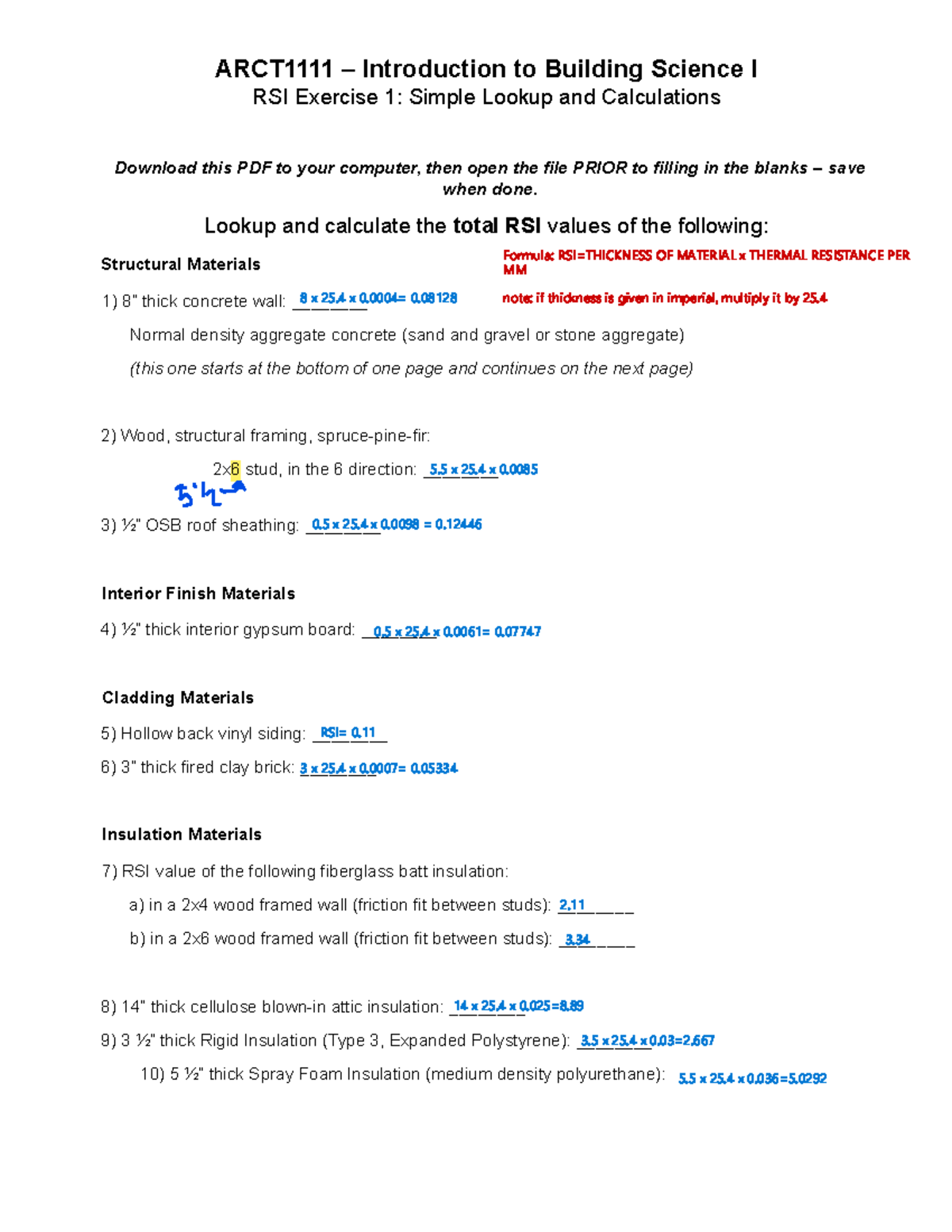 Building Science I RSI Exercise 1: Simple Lookup & Calculations - Studocu