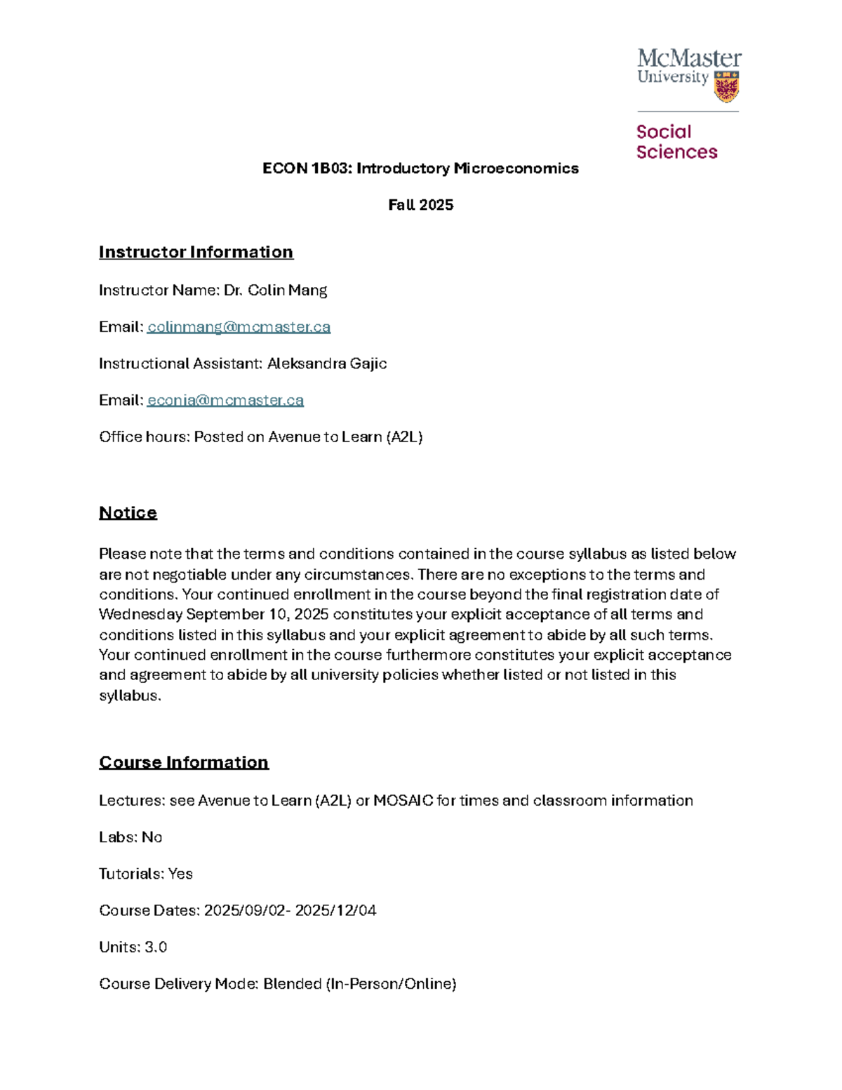ECON 1B03 Course Outline: Introductory Microeconomics Fall 2025 - Studocu