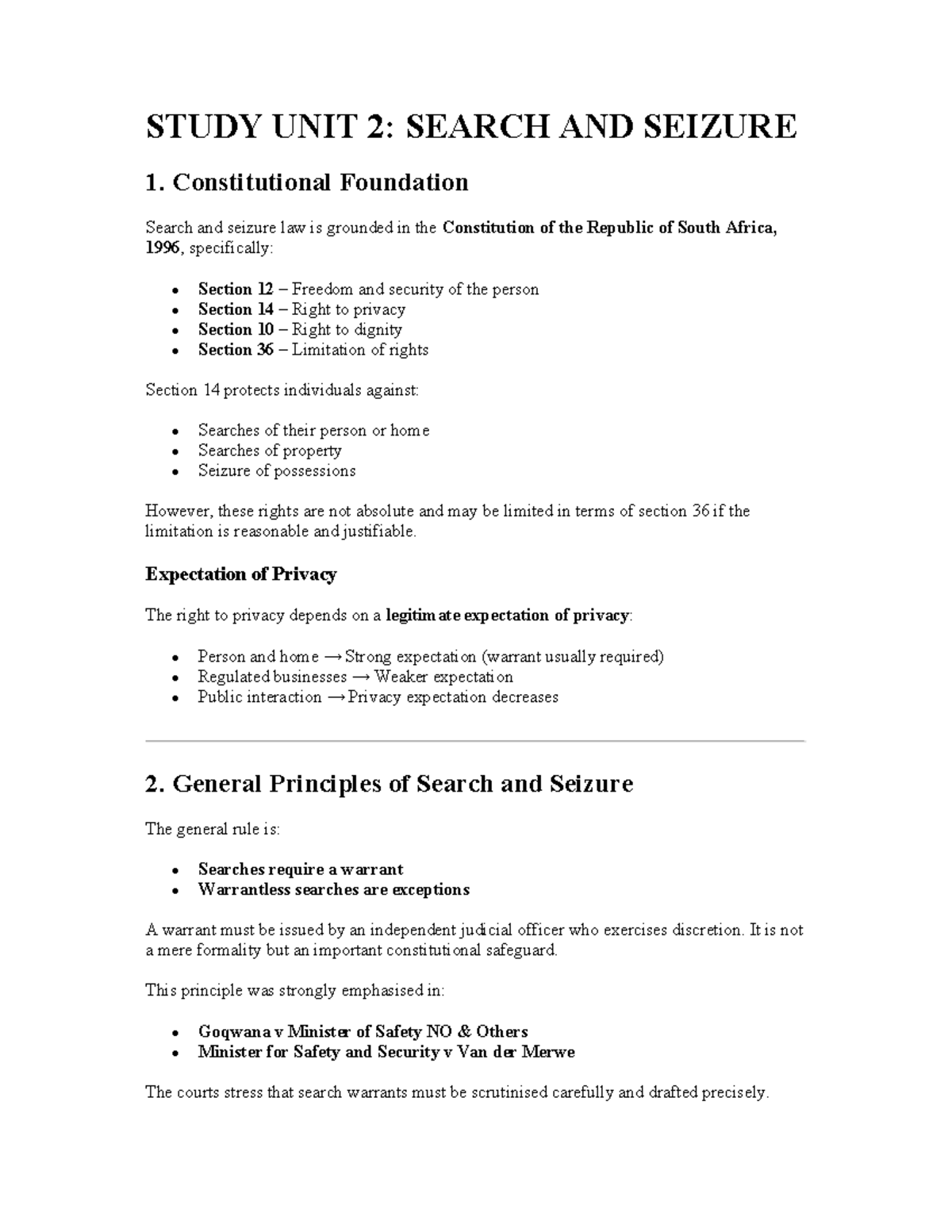 SU 2: Summary of Search and Seizure Principles and Laws - Studocu