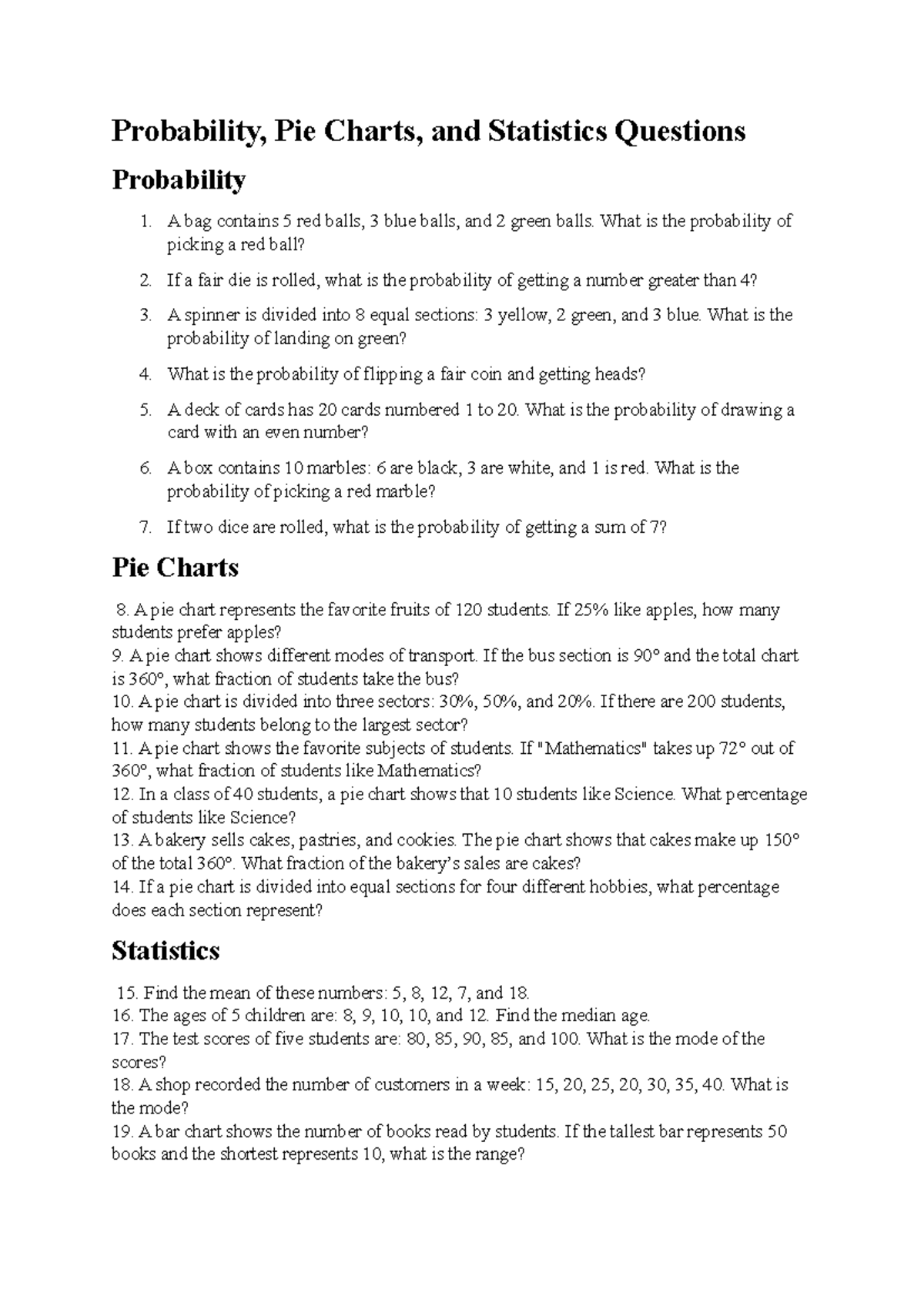 Probability, Pie Charts, and Statistics Exercises (Course Code: STAT101 ...