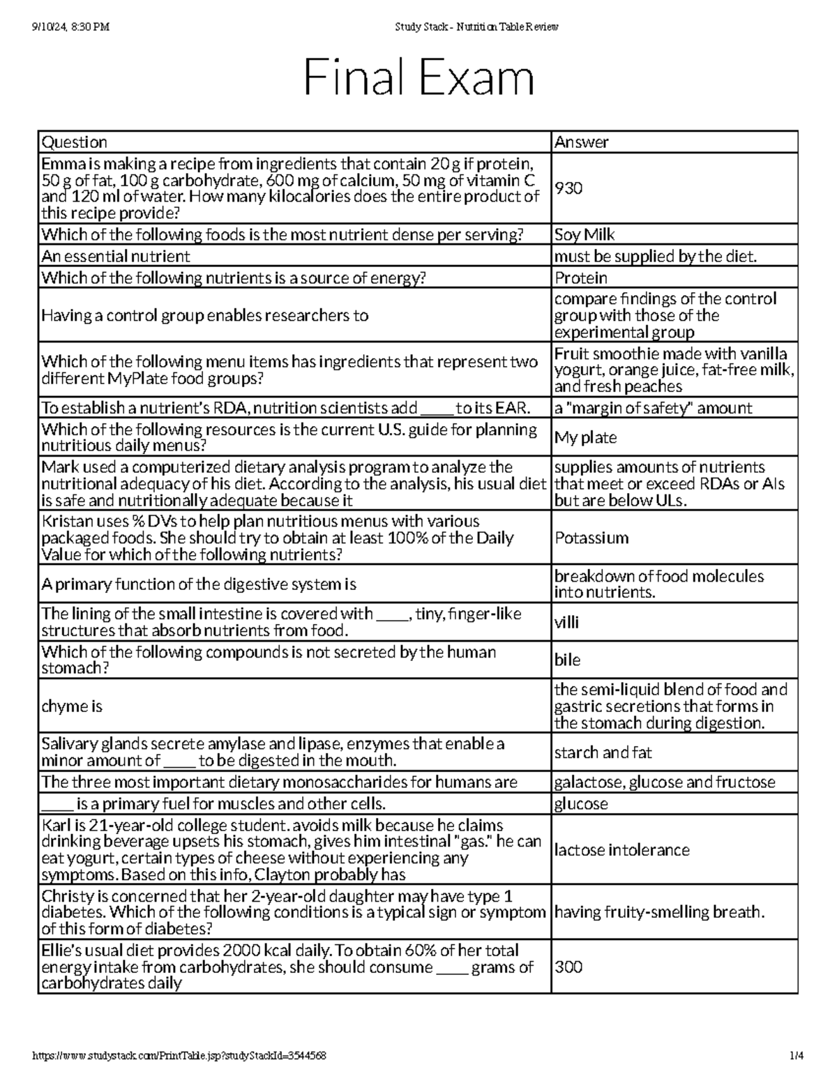 Test questions from Study Stack - Nutrition Table Review - Final Exam ...
