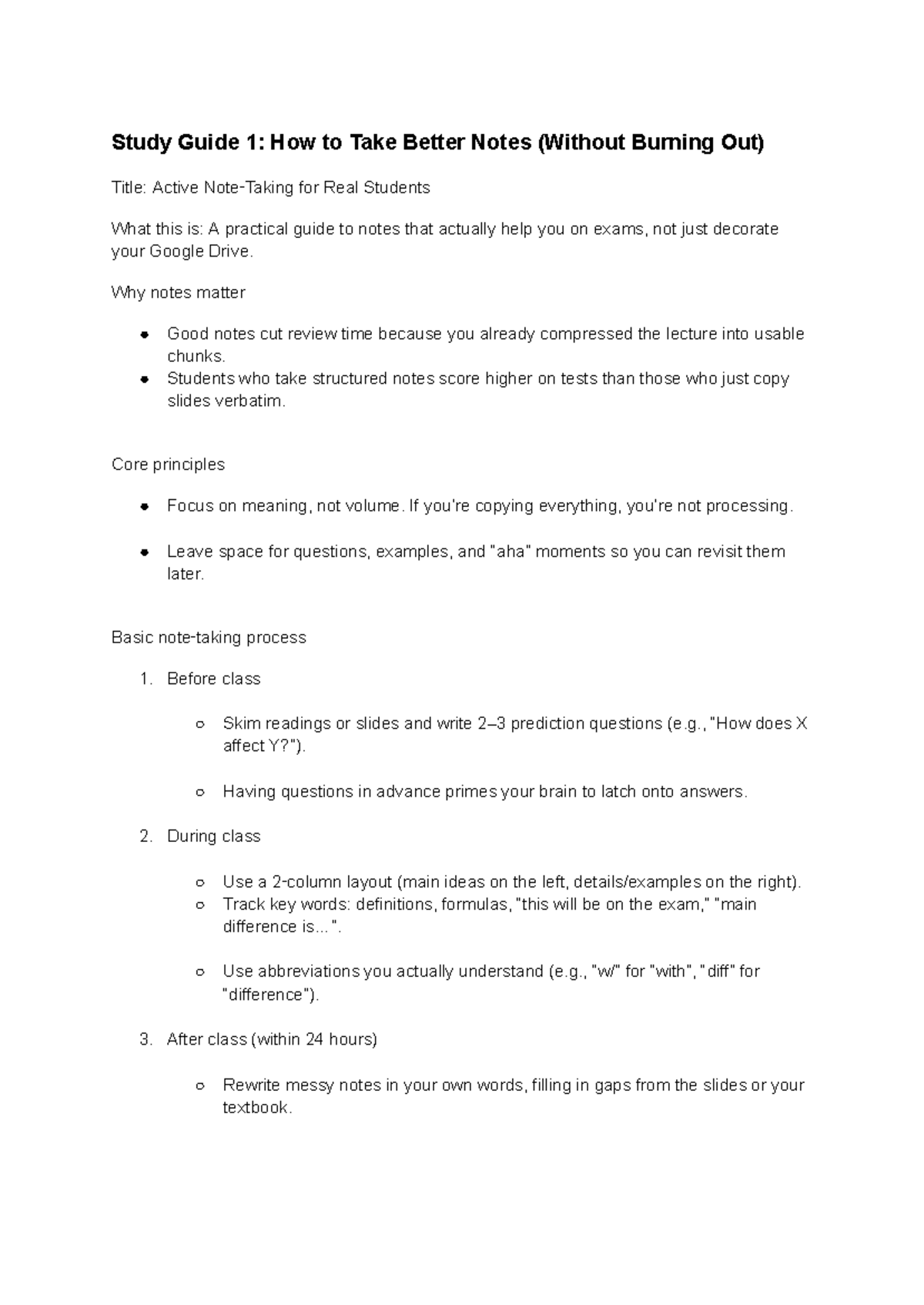 Study Guide 1: Effective Note-Taking Strategies for Students - Studocu
