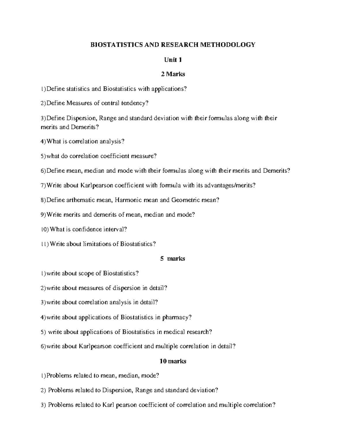 Biostatistics and Research Methodology: Important Questions by Unit ...