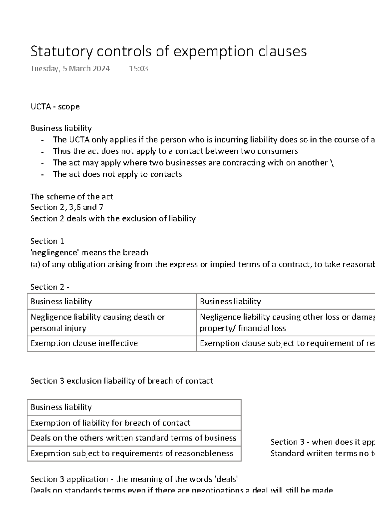 Statutory controls of expemption clauses - UCTA - scope Business ...