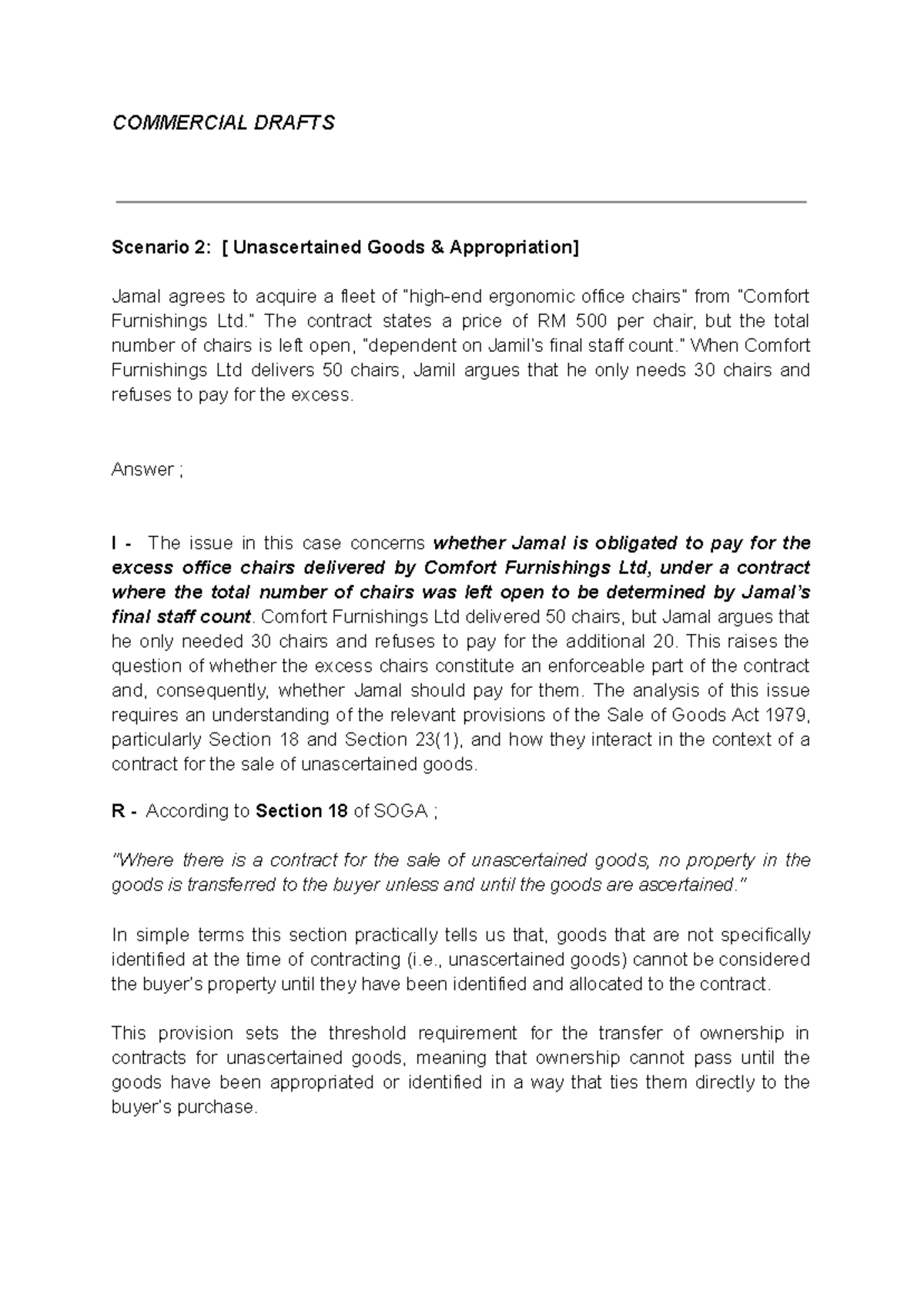 Commercial drafts scenario 2: Unascertained goods analysis - Studocu