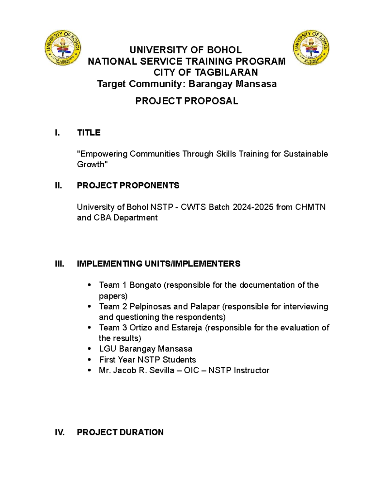 NSTP Project Proposal: Skills Training for Sustainable Community ...