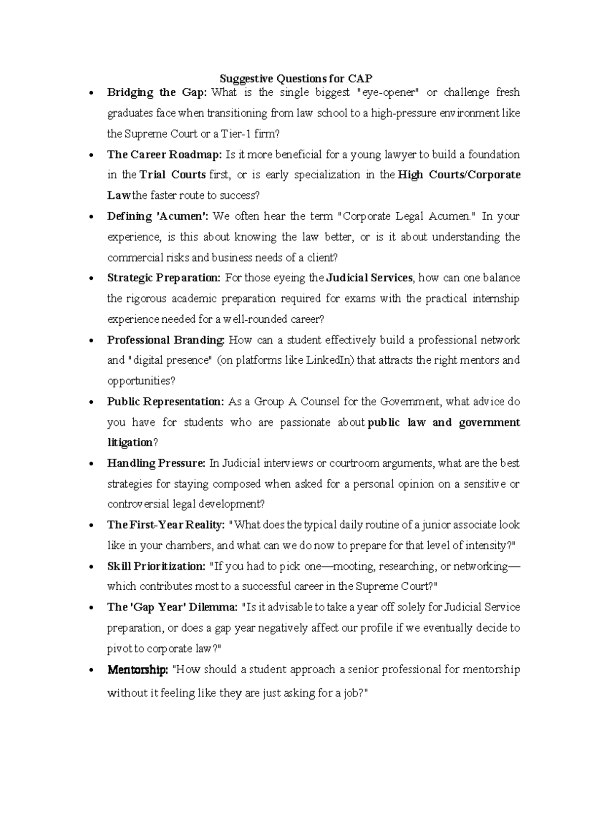 Suggestive Questions for CAP: Navigating Law Career Challenges - Studocu
