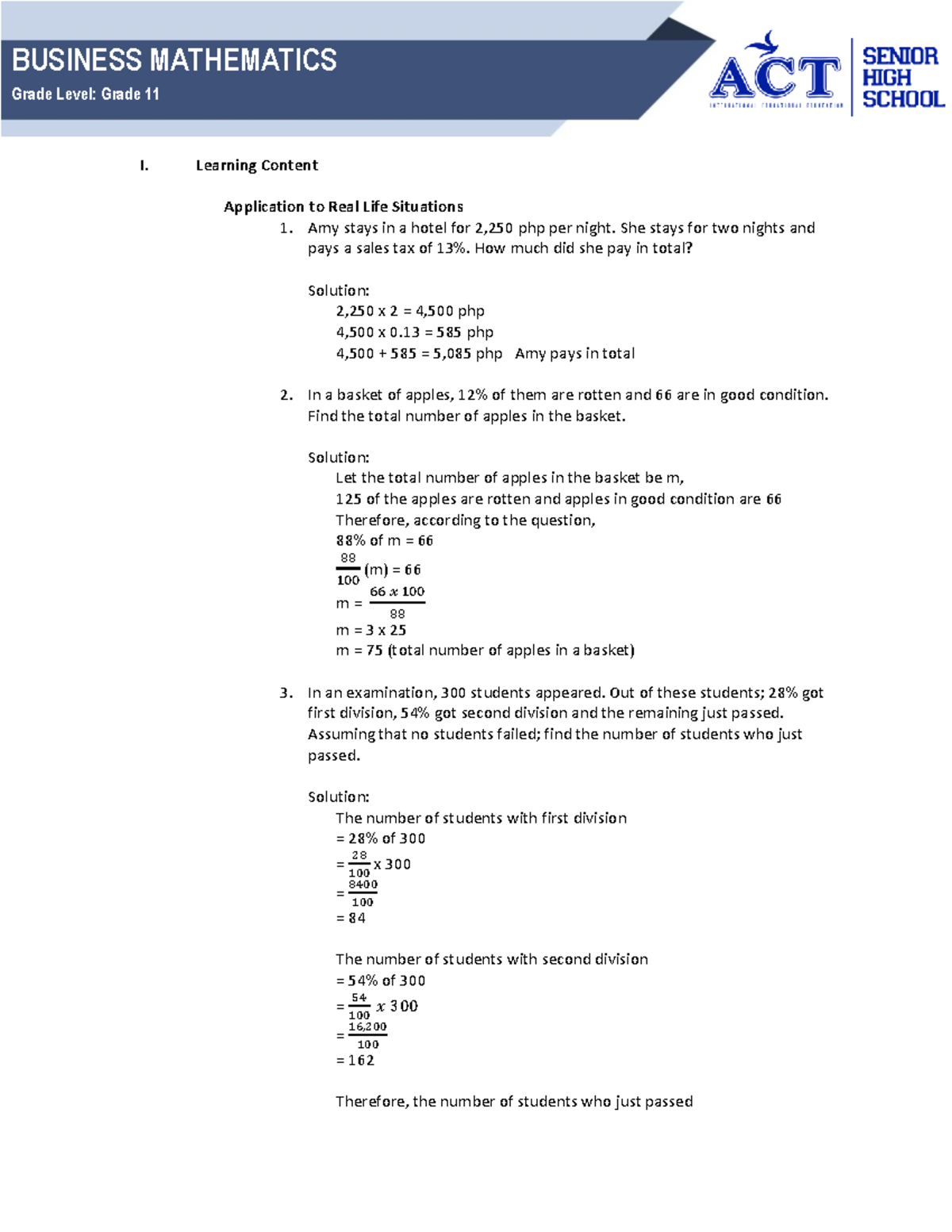 Business MATH Notes 1: Grade 11 Real-Life Applications and Solutions ...