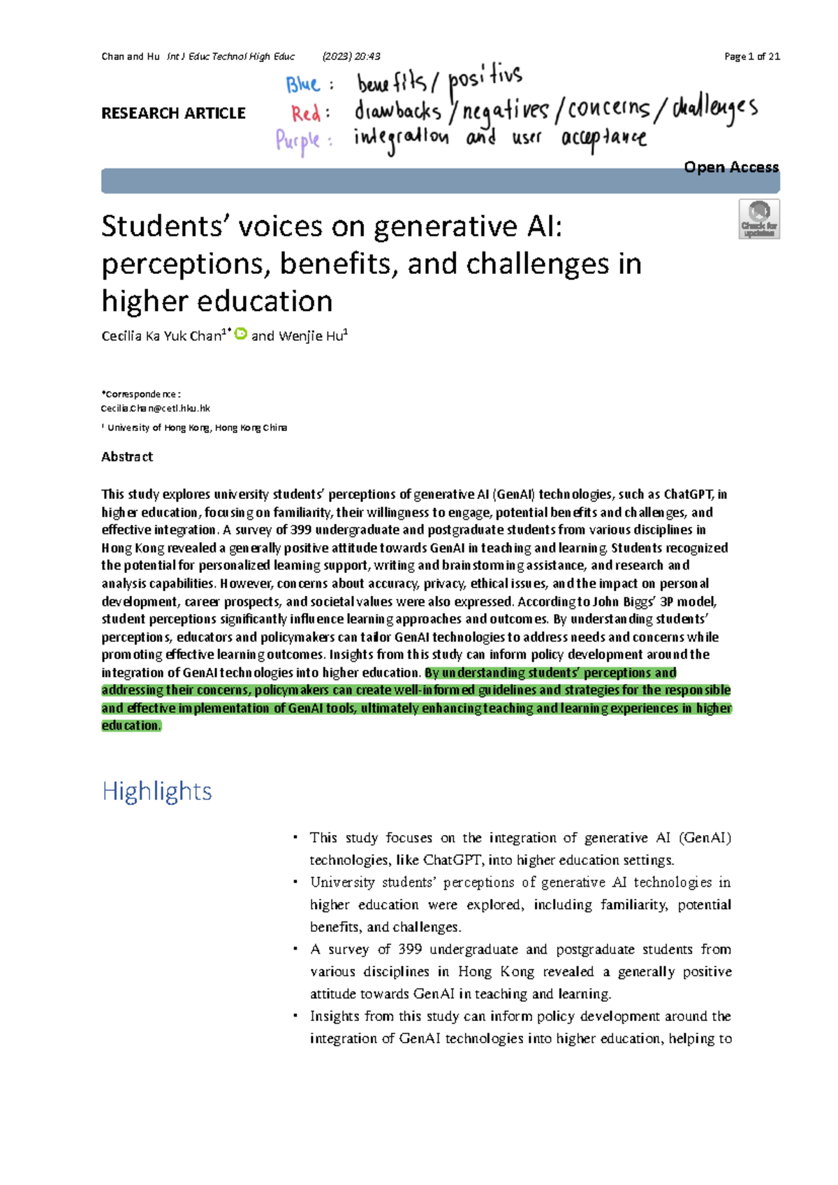 Chan and Hu 2023: Student Perceptions of Generative AI in Higher Ed ...