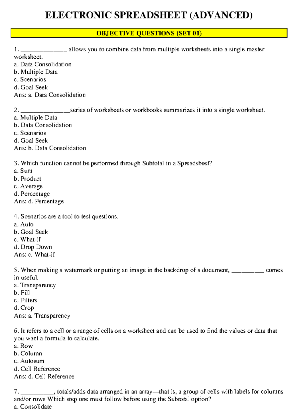 ELECTRONIC SPREADSHEET (ADVANCED) OBJECTIVE QUESTIONS (SET 01 & 02 ...