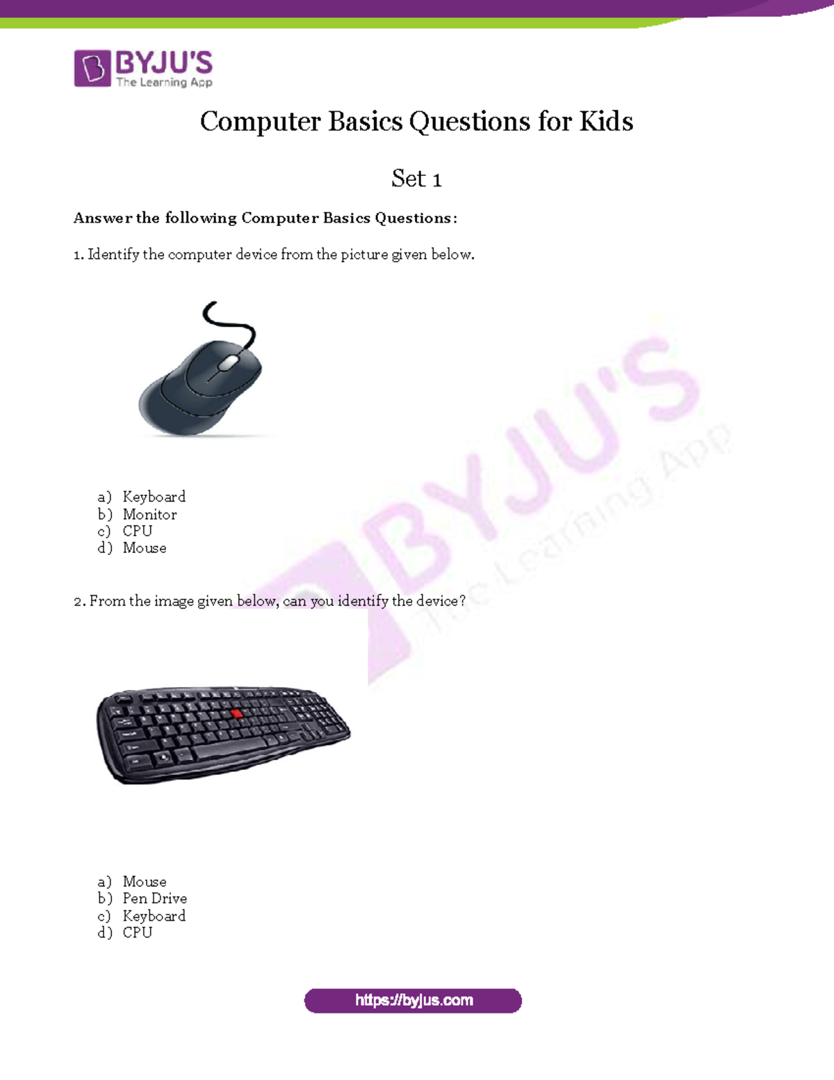 Computer Basics Questions for Kids Set 1 - Computer Basics Questions ...