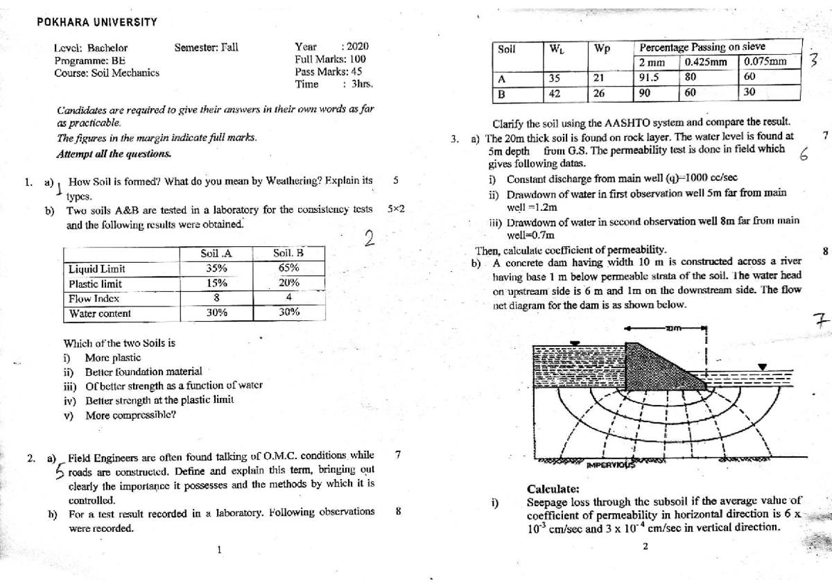 Soil Mechanics BE Course: Comprehensive Exam Questions (Fall 2020 ...