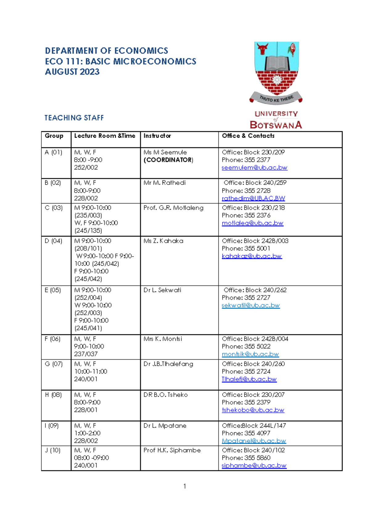 ECO 111 Courseoutline 2023 Final - DEPARTMENT OF ECONOMICS ECO 111 ...