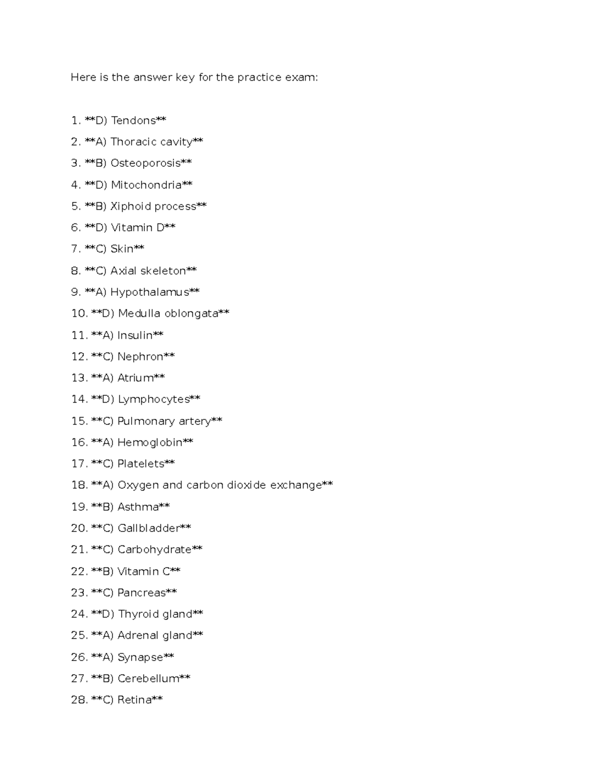 Practice Exam 1 Answer Key: Key for 100 MCQs in Bio 101 - Studocu