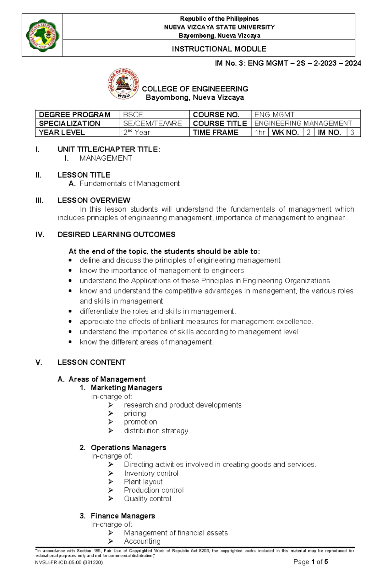 ENG MGMT 2S 2024: Instructional Module on Engineering Management - Studocu