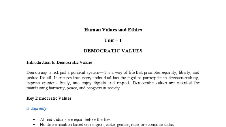 Human Values and Ethics - Unit 1: Democratic Values Overview - Studocu