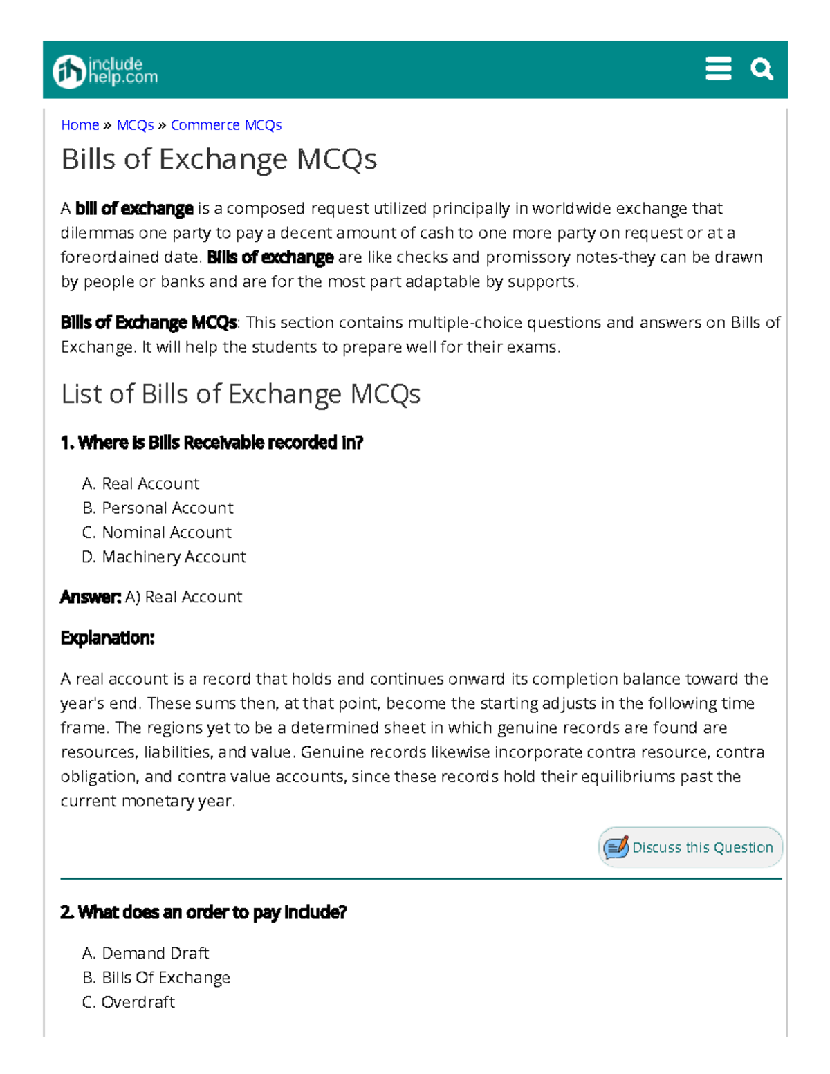 Bills of Exchange MCQs & Answers for Commerce Exam Preparation - Studocu