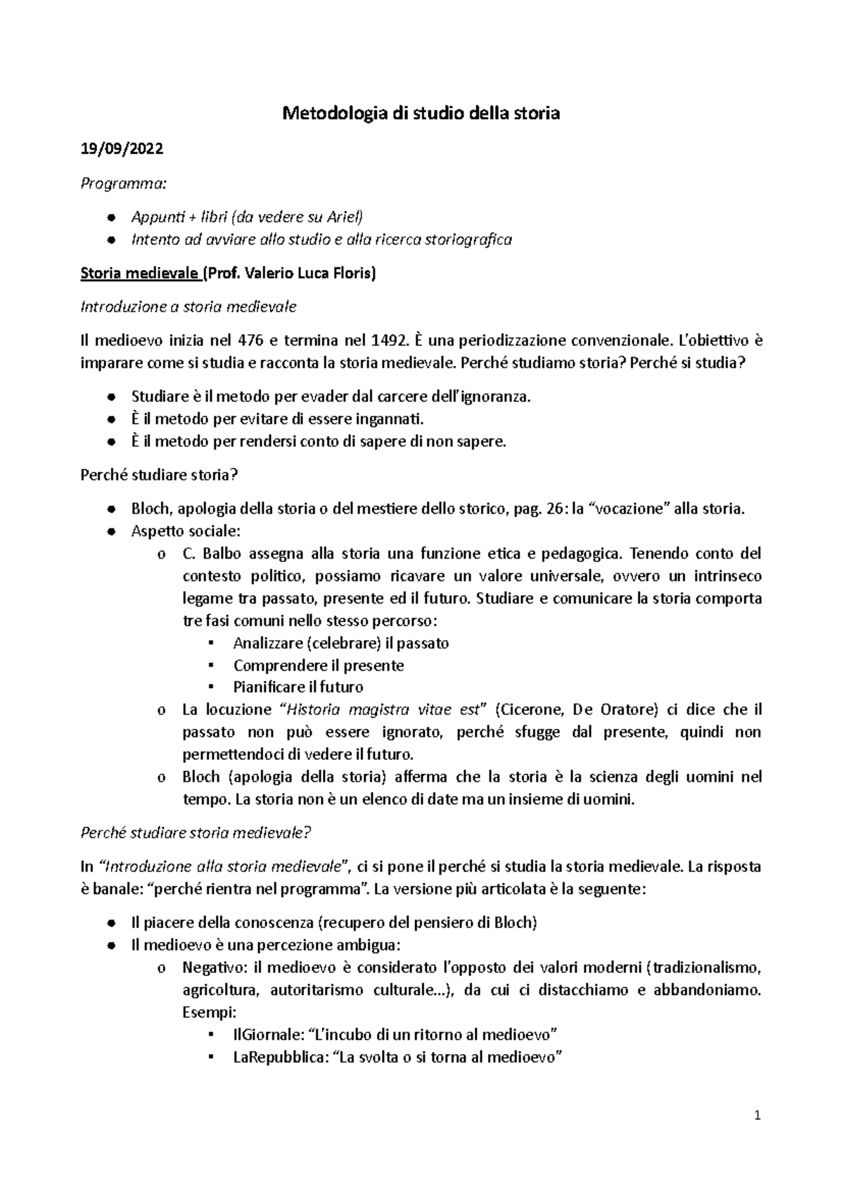 Metodologia di Studio della Storia Medievale - Appunti (Storia ...