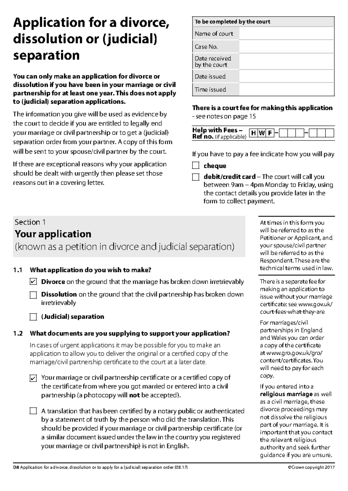 D8 Application for Divorce - There is a separate fee for making an ...
