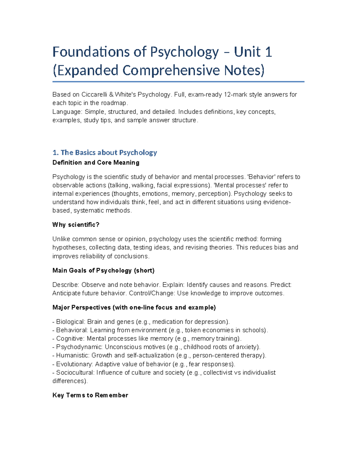 Foundations of Psychology Unit 1: Comprehensive Study Notes - Studocu
