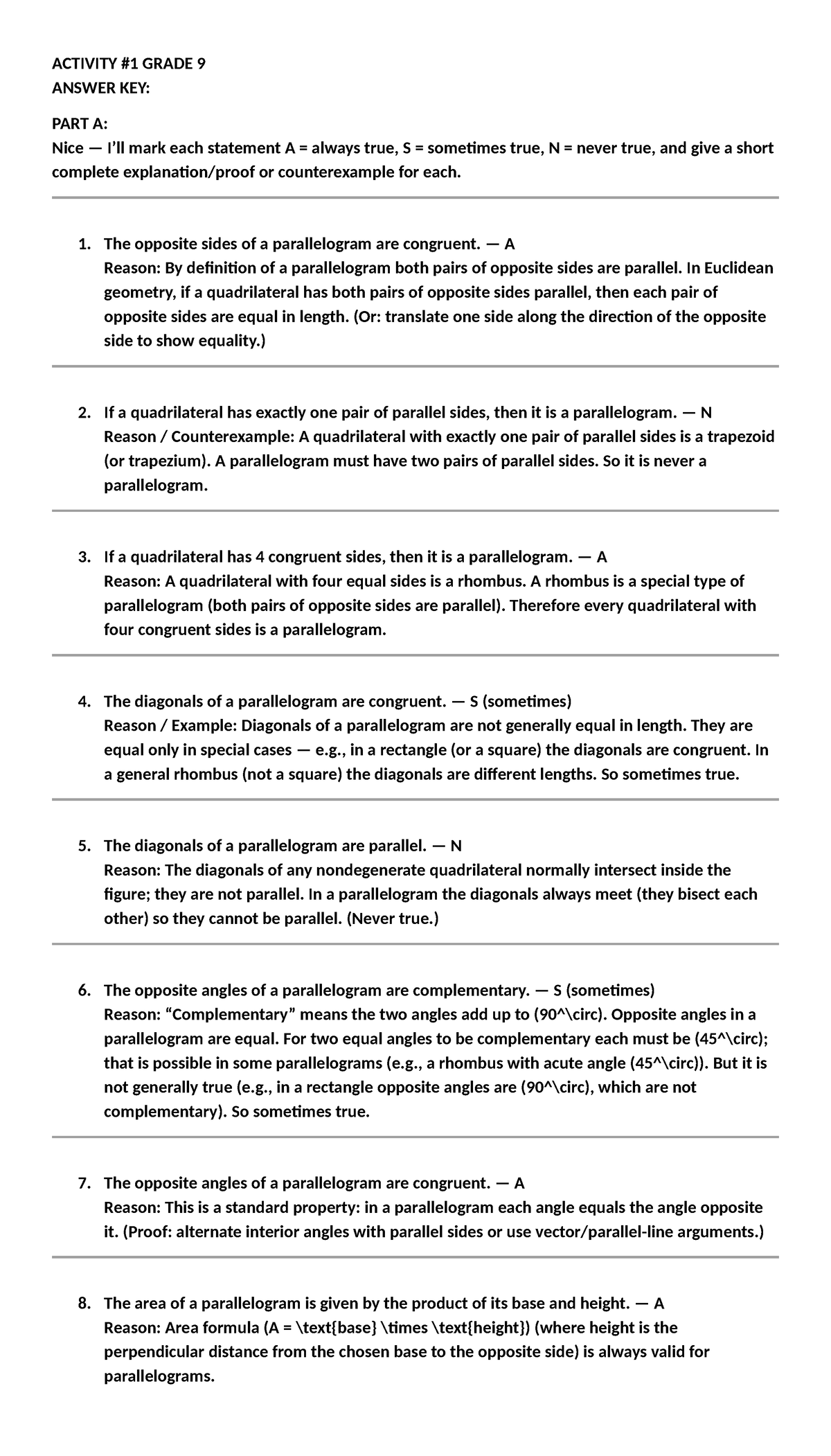Grade 9 Geometry Activity Answer Key: Part A & B - Studocu