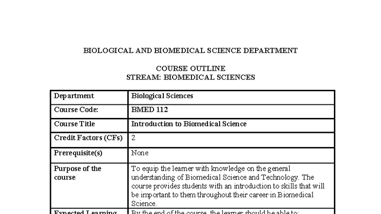 BMED 112 Course Outline: Introduction to Biomedical Science - Studocu
