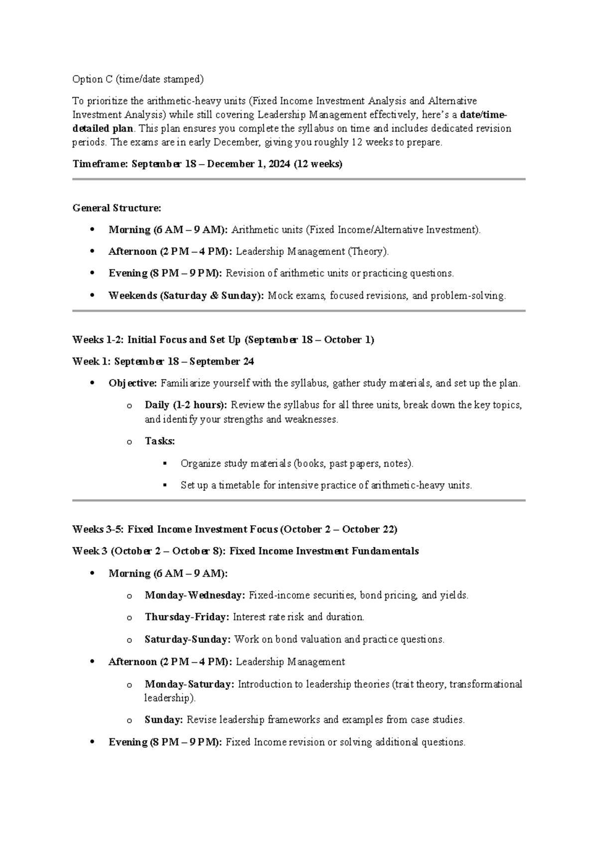 Option C - Study Plan for Fixed Income & Leadership Management (2024 ...