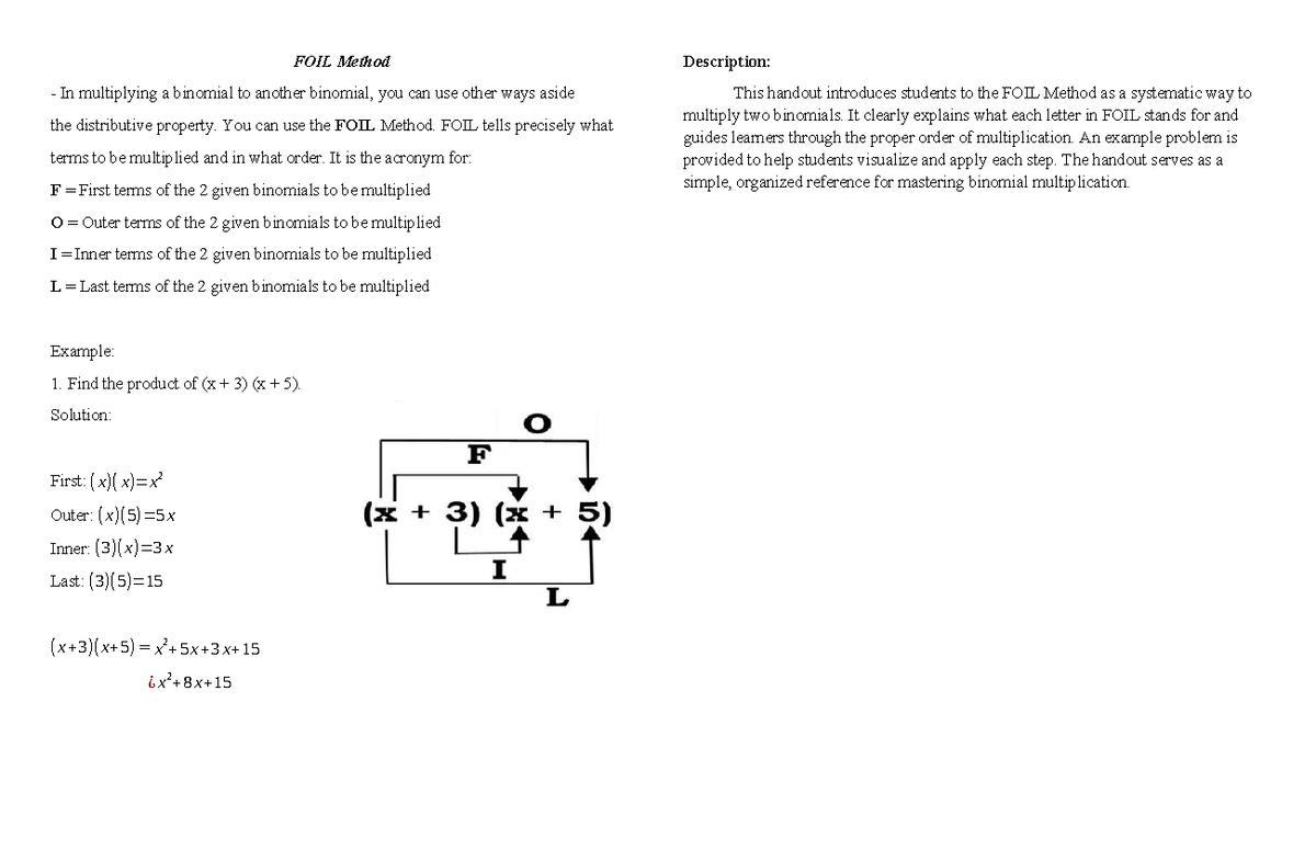 Grade 8 Math Handout: Understanding the FOIL Method for Binomials - Studocu
