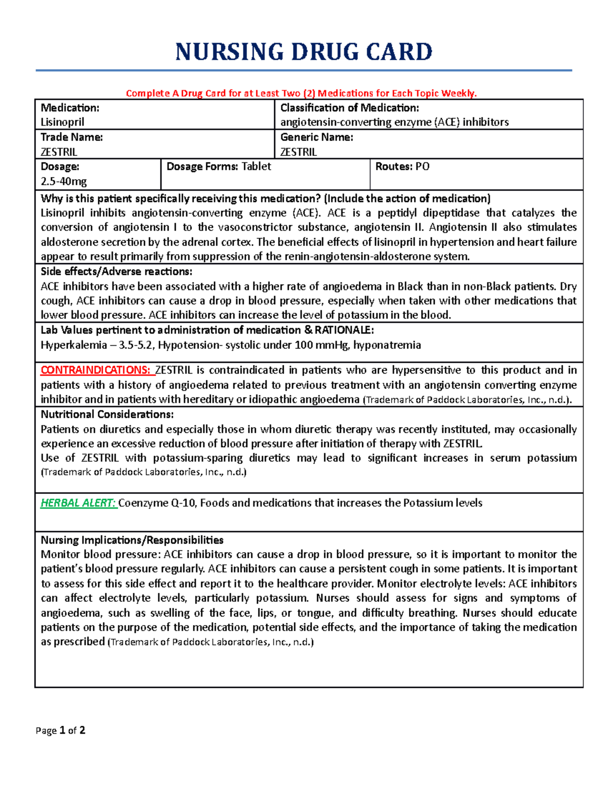 ACE Inhibitor Drug Card: Lisinopril Nursing Considerations - Studocu