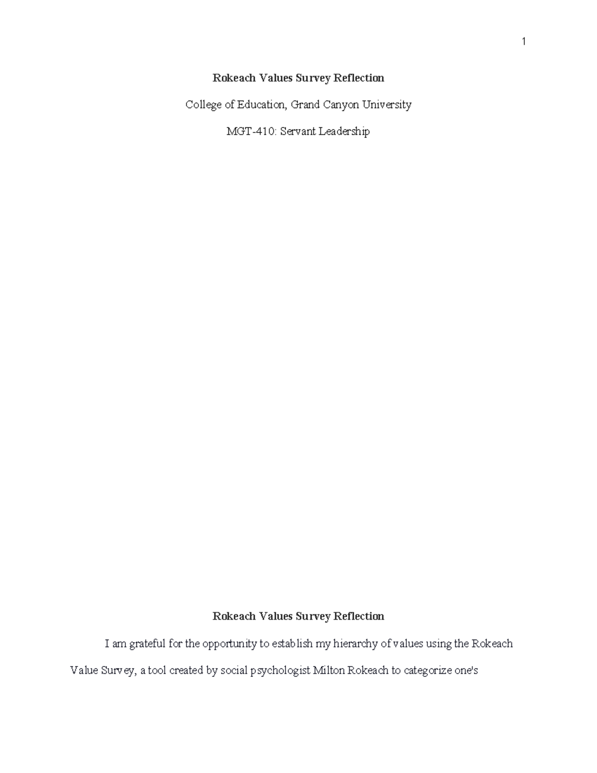MGT-410: Rokeach Values Survey Reflection and Insights on Leadership ...