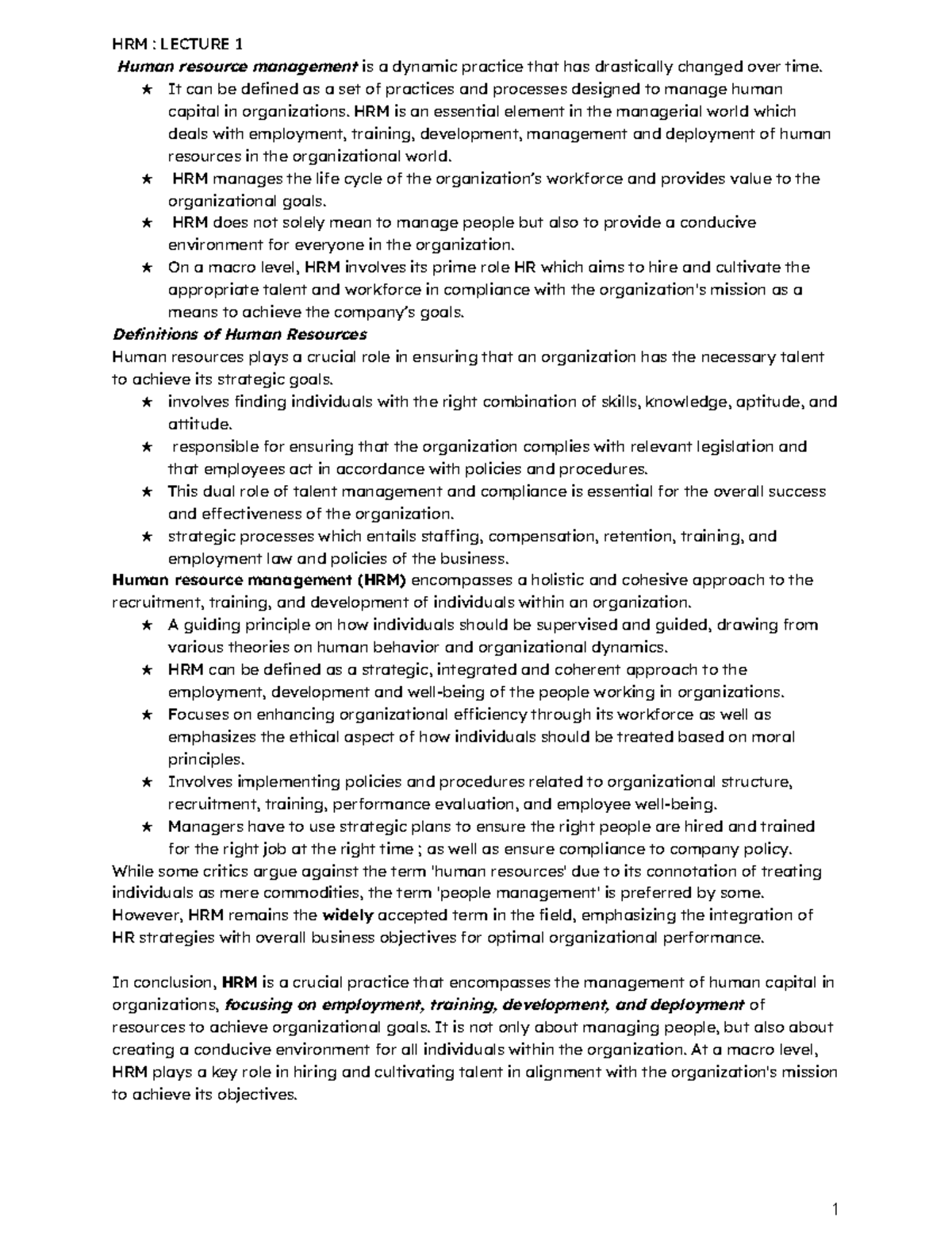 HRM Lectures - LECTURE NOTES - HRM : LECTURE 1 Human resource ...