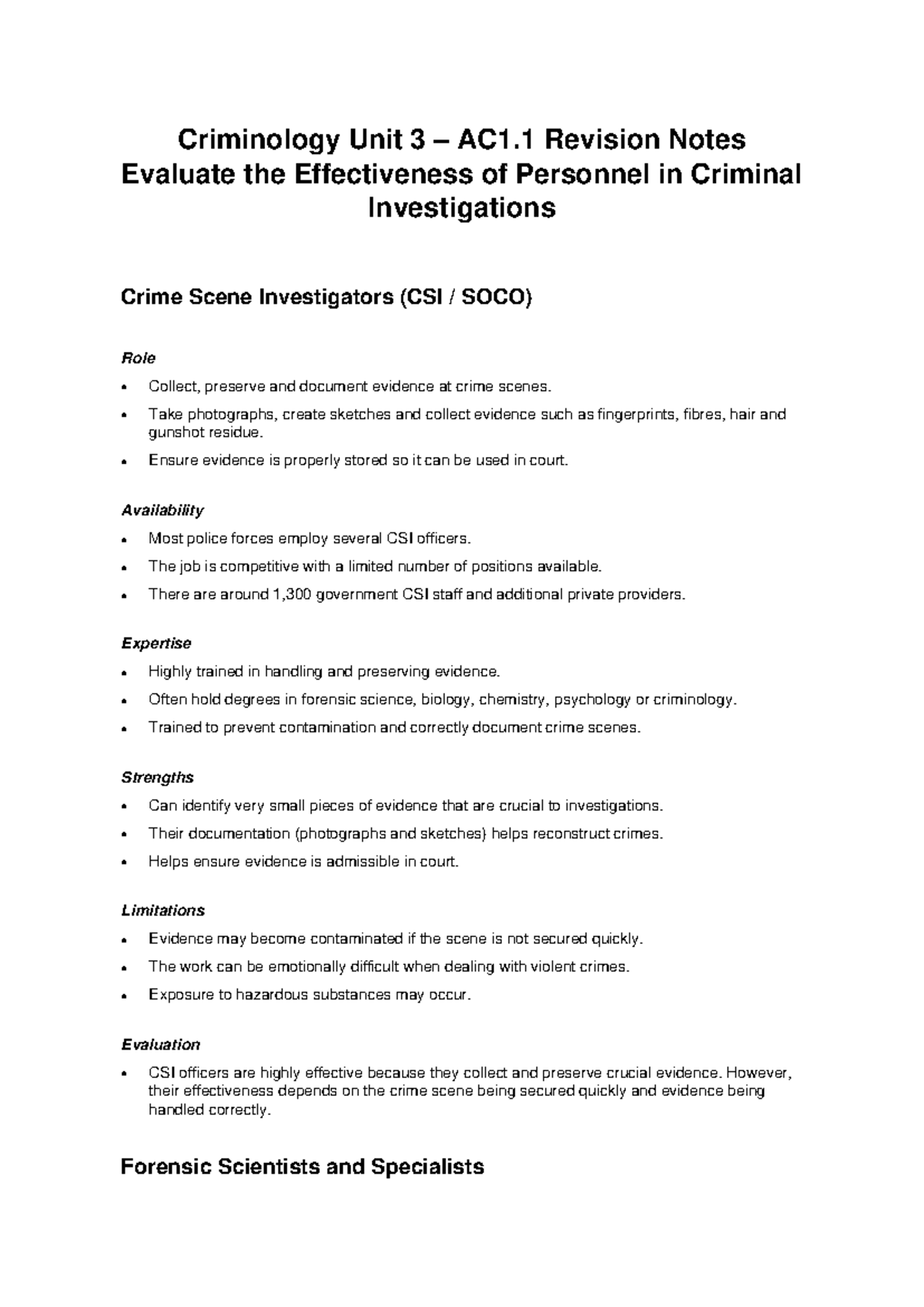 Criminology Unit 3 AC1.1 Full Revision Notes on CSI & Forensic Roles ...