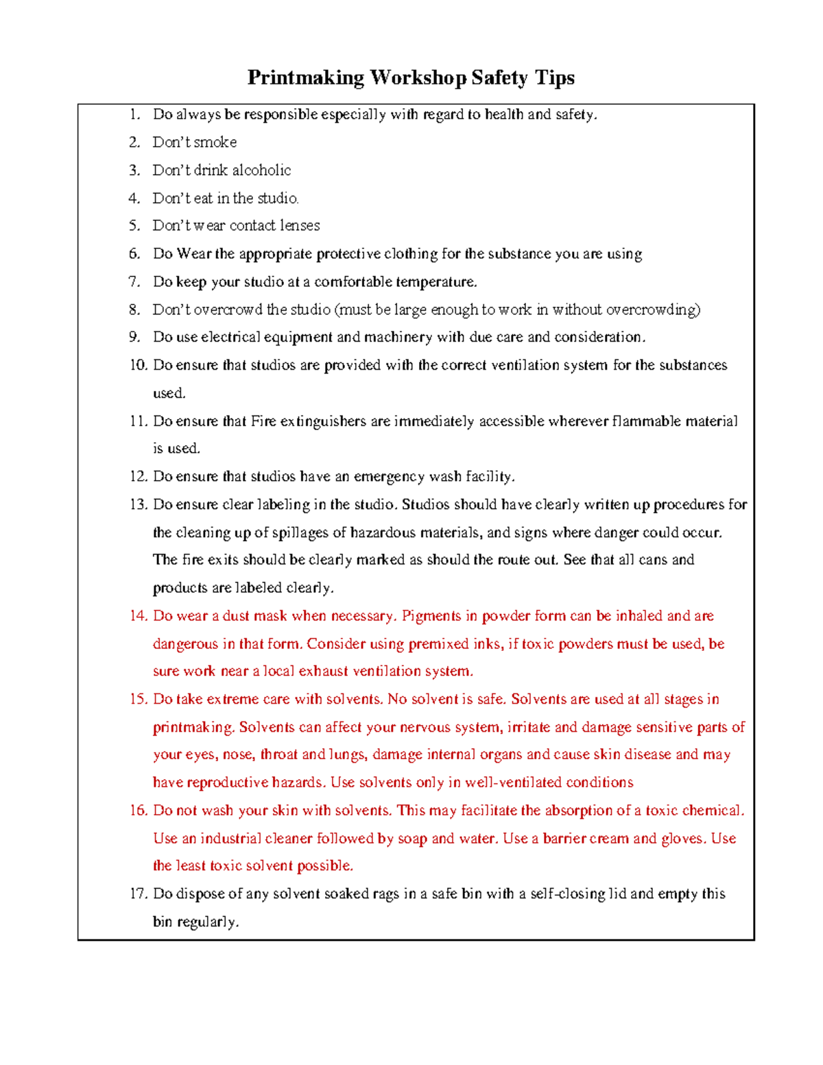 Printmaking Workshop Safety Guidelines - Tips for Safe Practices - Studocu