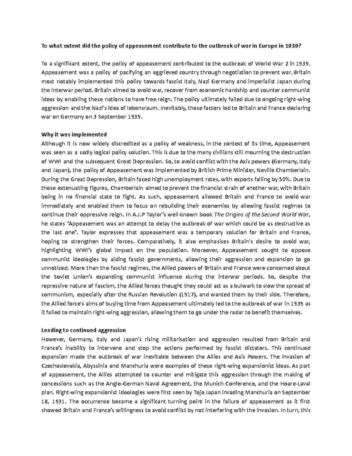 Assessment 2 - The Role of Appeasement in the 1939 European Conflict ...