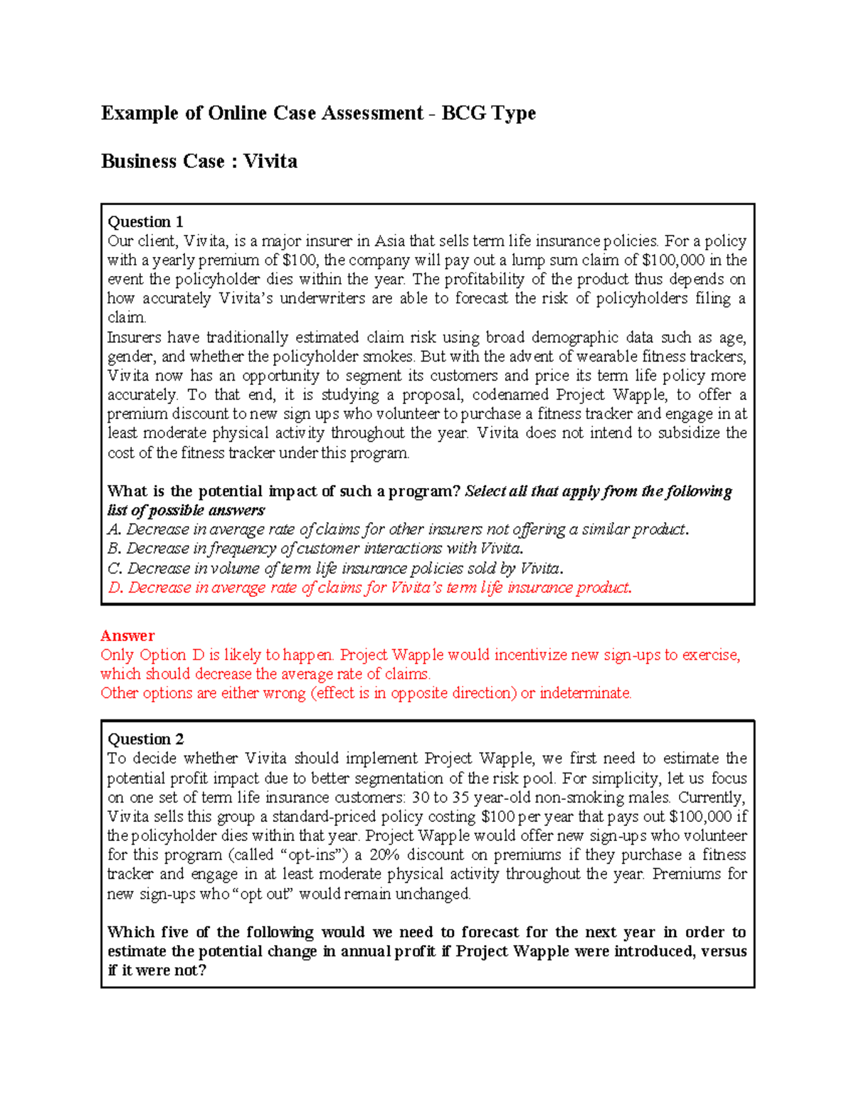 BCG Case Study: Project Wapple Impact on Vivita's Profitability - Studocu