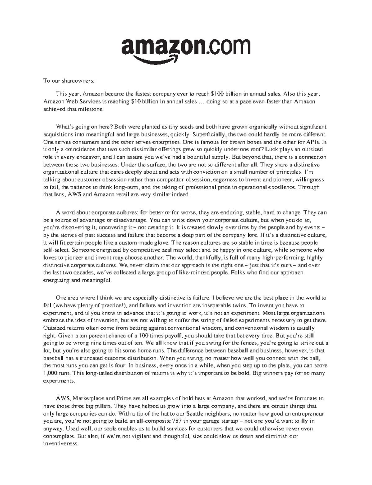 Amazon Annual Letters - To our shareowners: This year, Amazon became ...