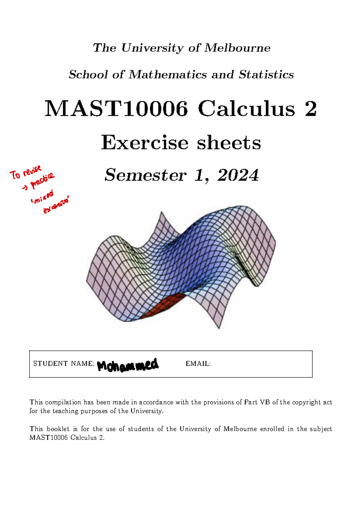 MAST10006 Calculus 2 Exercise Sheet - Semester 1, 2024 - Studocu