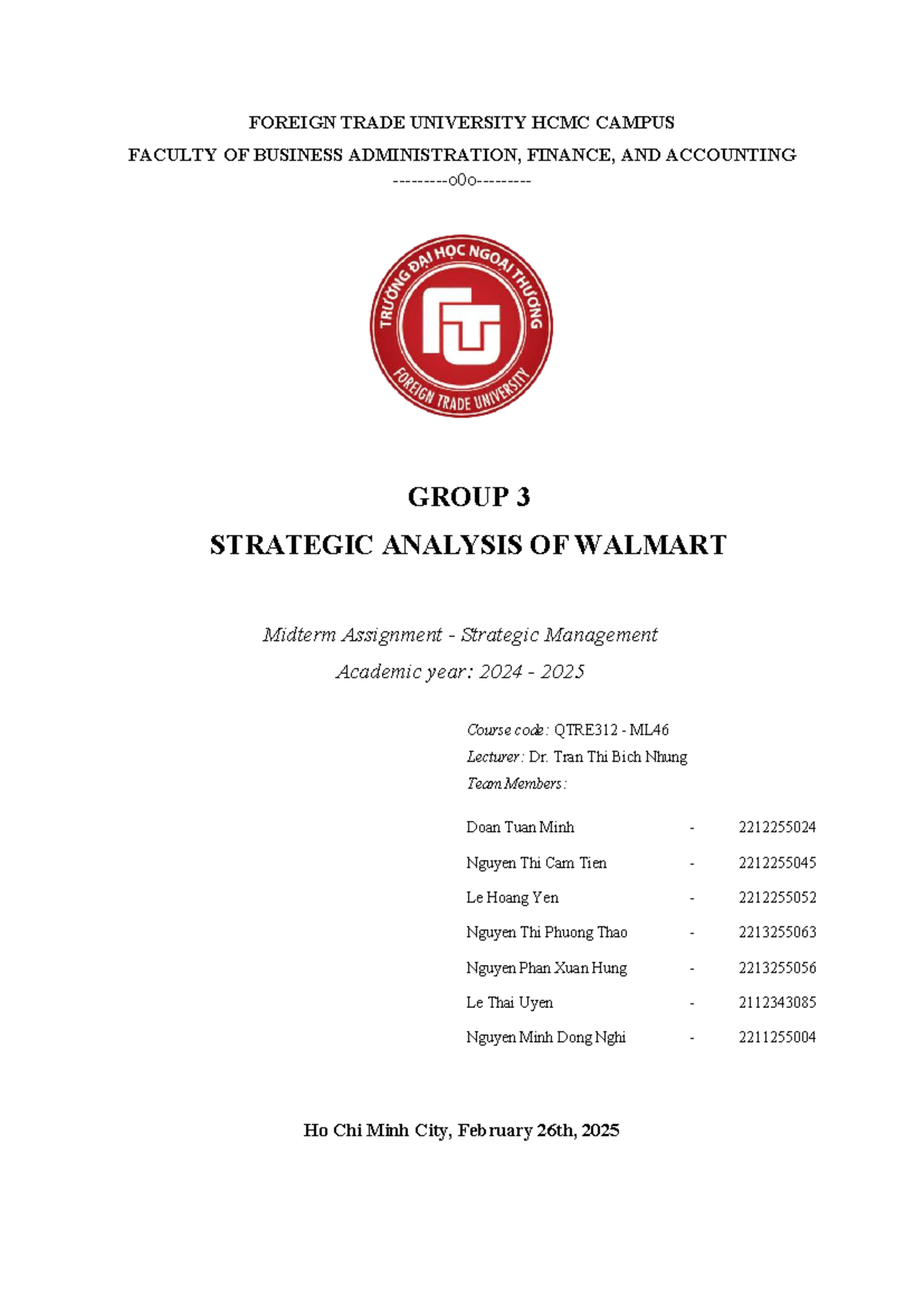 QTRE312 ML46 Midterm Assignment: Strategic Analysis of Walmart - Studocu