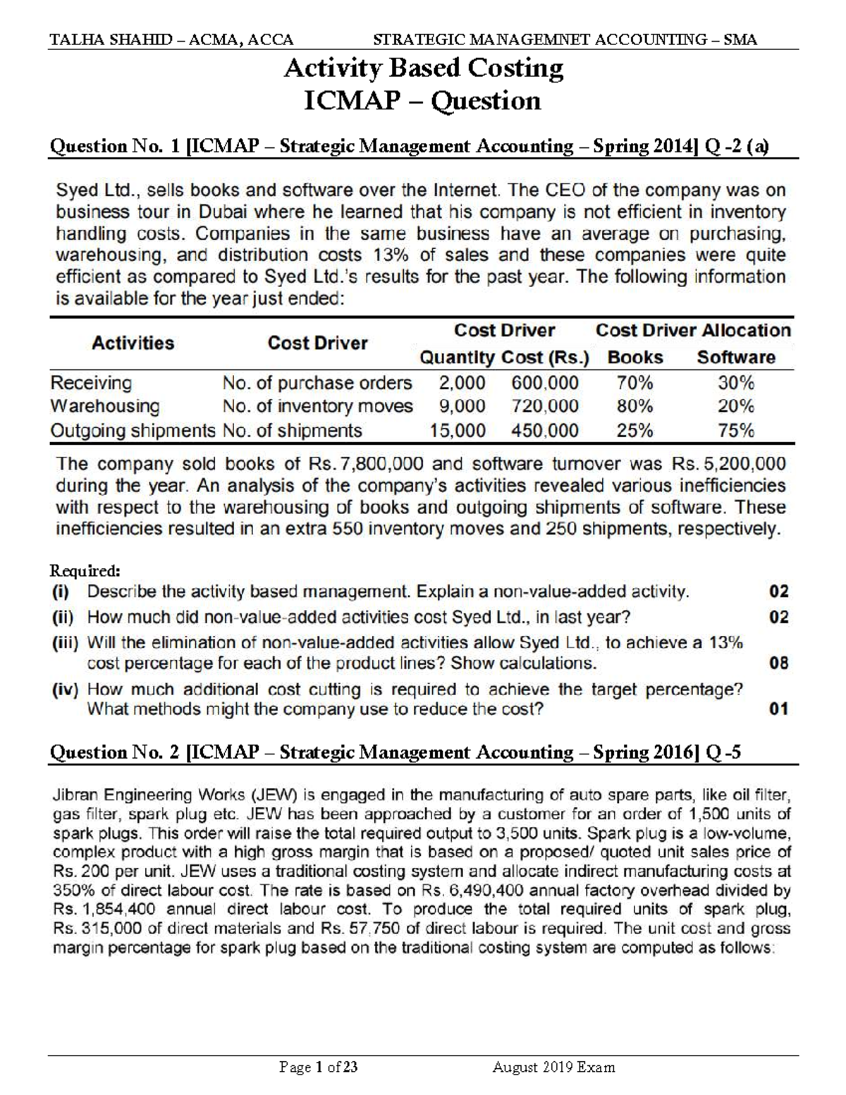 ACCA SMA Activity Based Costing Exam Questions - August 2019 - Studocu
