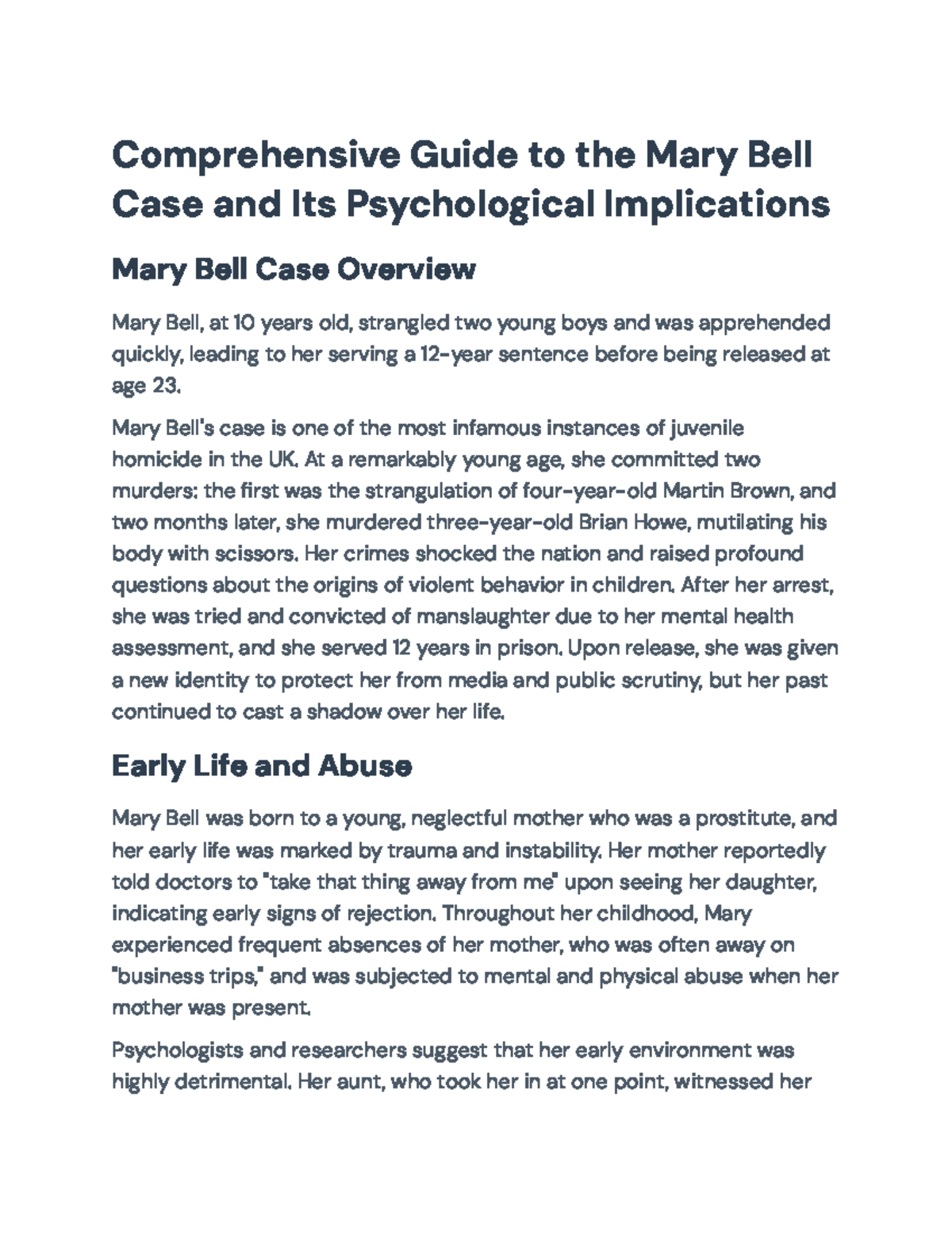 Comprehensive Overview of the Mary Bell Case (Psychology 101) - Studocu