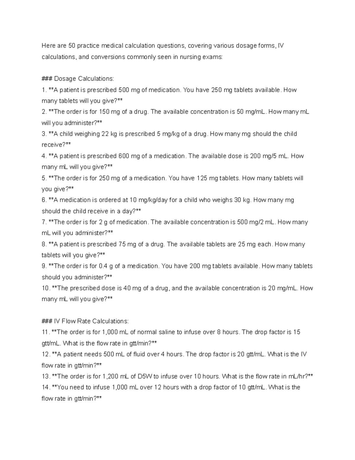 Dosage Calculation Practice Questions for Nursing Exams - Studocu