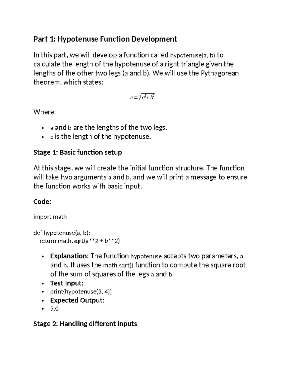 Programming Assignment Unit 4 - Part 1: Hypotenuse Function Development ...